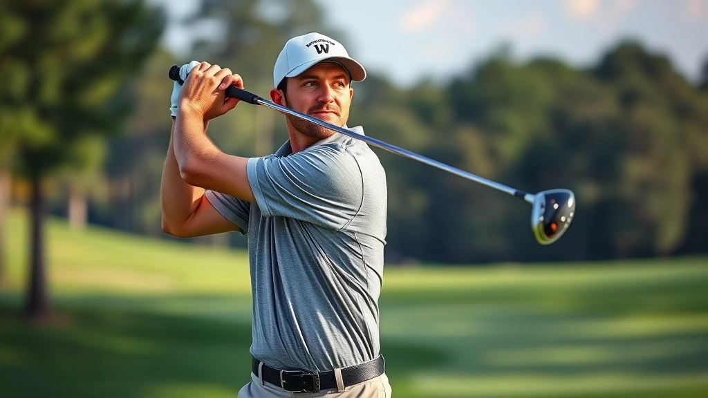 Professional golfer executing full swing on championship golf course, focused expression, perfect form mid-swing, natural lighting, lush fairway and trees background