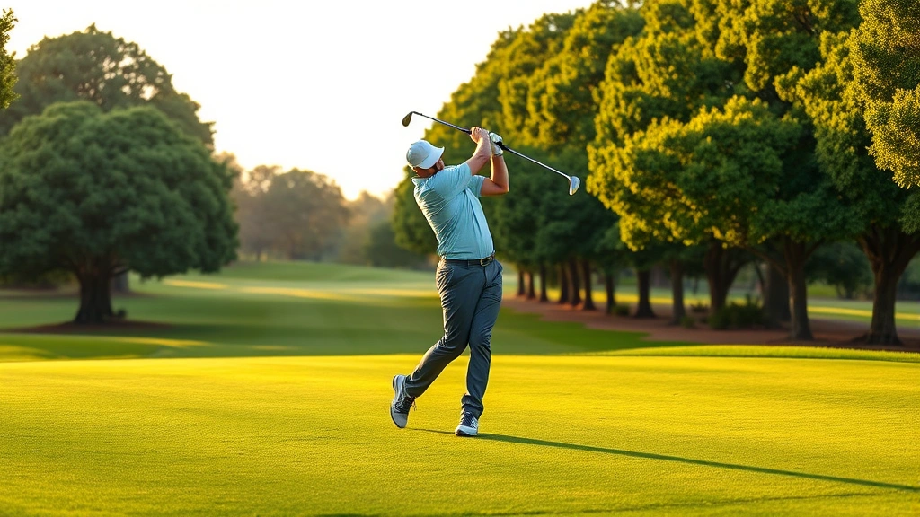 Professional golfer mid-swing on lush fairway with mature trees framing the shot, natural landscape, golden hour lighting, authentic golf course setting with manicured grass