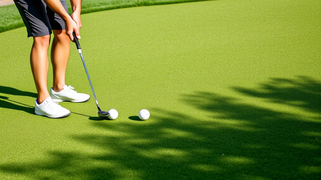 Golfer practicing short game with golf balls on putting green, demonstrating chipping technique near pin, concentration visible, manicured green surface with natural shadows