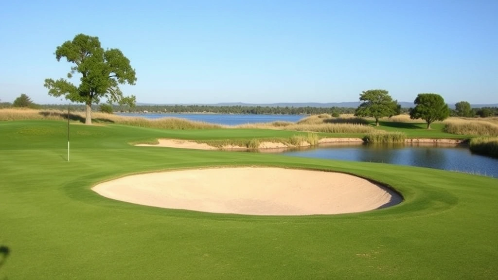 Well-maintained golf course green with sand bunker visible, natural water feature in background, blue sky, professional grounds maintenance evident, peaceful outdoor environment