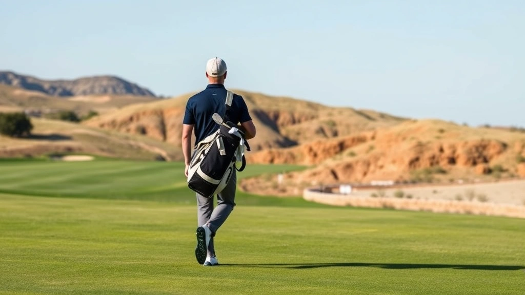 Golfer walking fairway carrying golf bag, strategic course assessment, studying terrain and hazard placement, professional attire, scenic golf course landscape with elevation changes