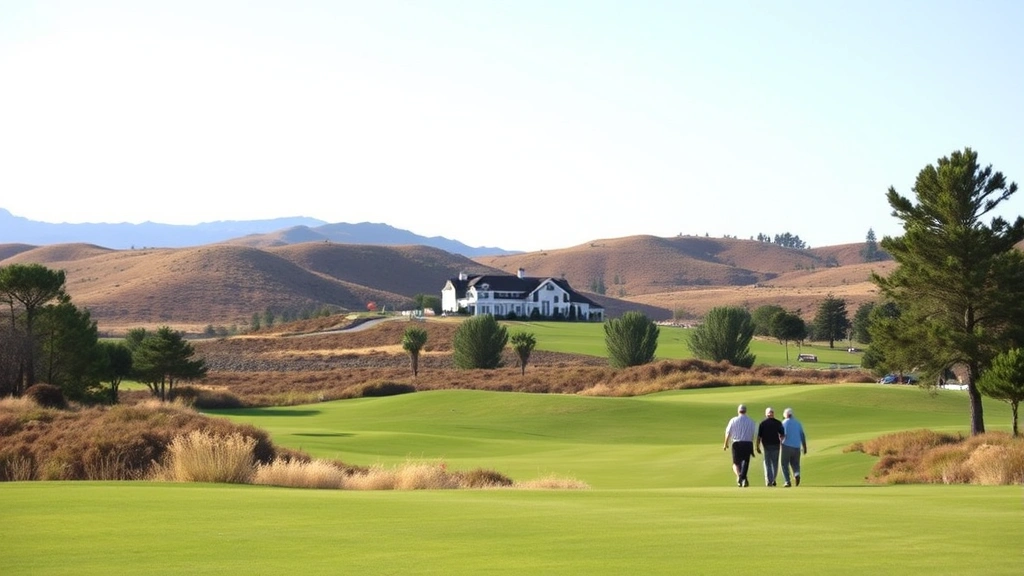 Golfers walking along scenic golf course fairway with elevation changes, natural vegetation, clubhouse structure visible in distance, pleasant weather, community golfing atmosphere