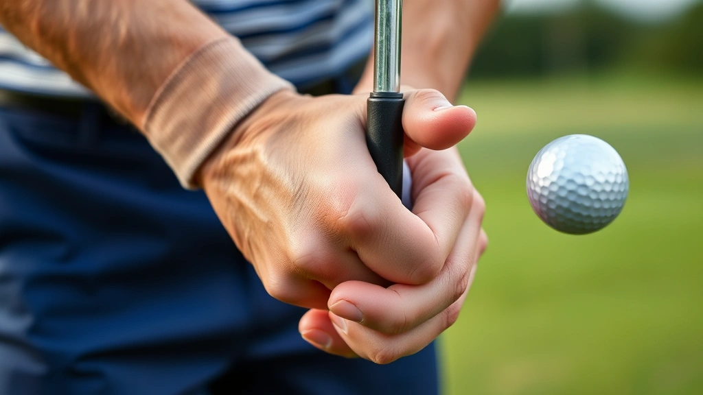 Close-up of golfer's hands demonstrating proper grip on golf club, showing finger placement and hand position, outdoor golf course background slightly blurred