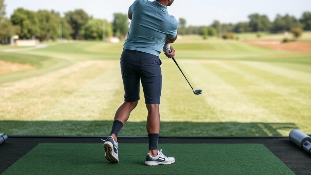 Golfer in athletic stance position on practice range, showing proper posture with bent knees and spine angle, demonstrating body alignment for golf swing