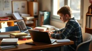 Student studying at organized desk with laptop, notebooks, and natural lighting, focused and engaged with materials, warm educational atmosphere