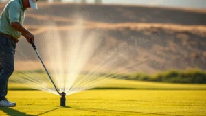 Golf course groundskeeper operating professional irrigation system in California Central Valley, adjusting sprinkler heads with morning sunlight reflecting off water droplets, dry landscape background