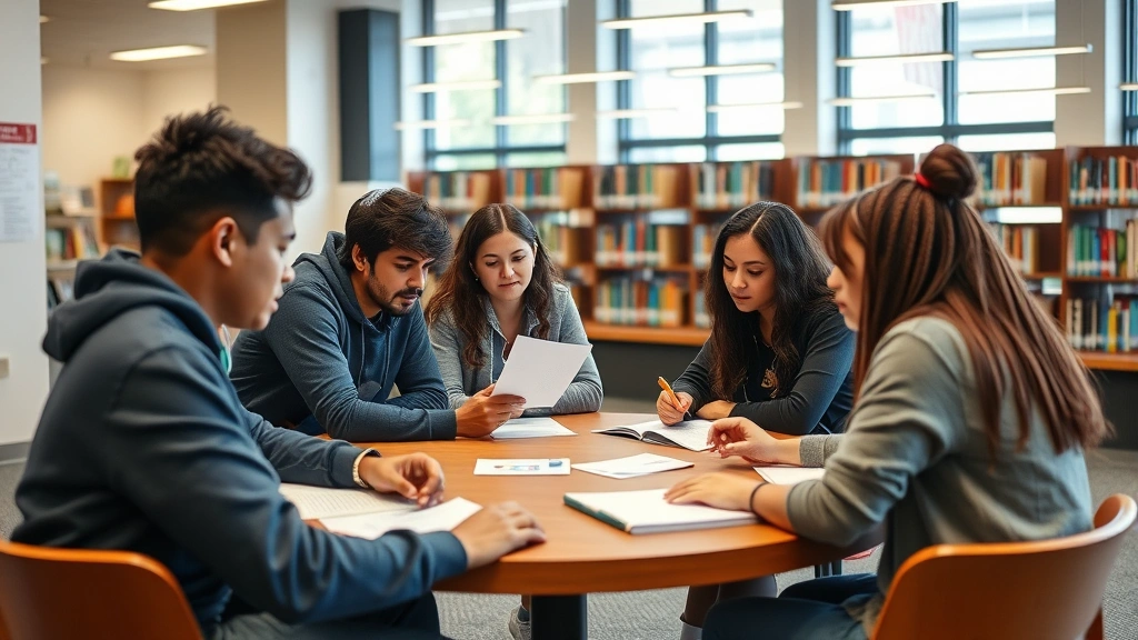 Group of diverse students collaborating at library table, discussing notes and concepts together, engaged discussion and peer learning environment