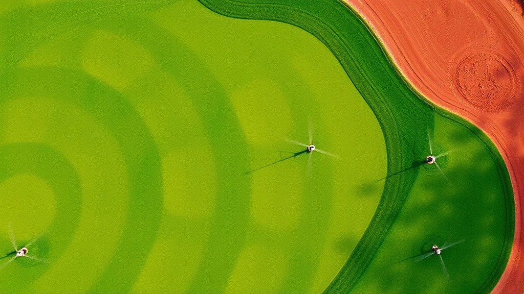 Aerial view of well-maintained fairway with distinct mowing patterns, vibrant green grass contrasting with reddish clay soil, irrigation sprinklers visible, no text or signage