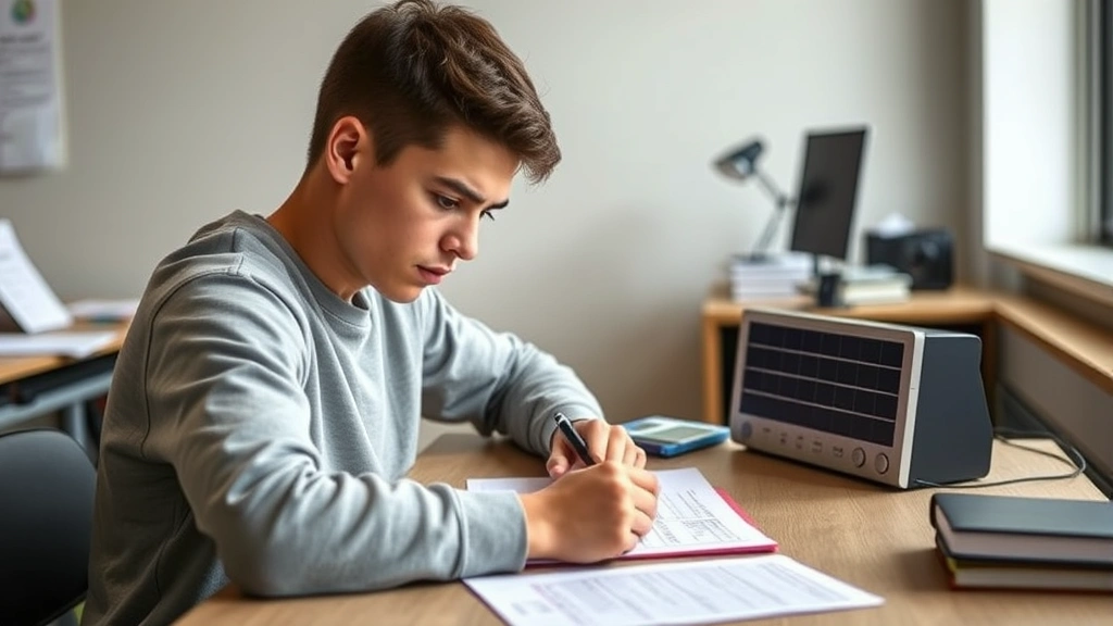 Student taking practice test at desk with timer visible, concentration on exam preparation, quiet study environment with minimal distractions