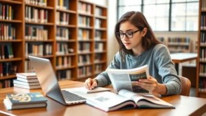 Student studying at library desk with laptop and course catalog materials, natural lighting, focused expression, surrounded by academic resources