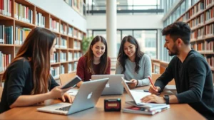Students collaborating in a modern university library study area with laptops and textbooks, engaged in group discussion and note-taking during active learning session