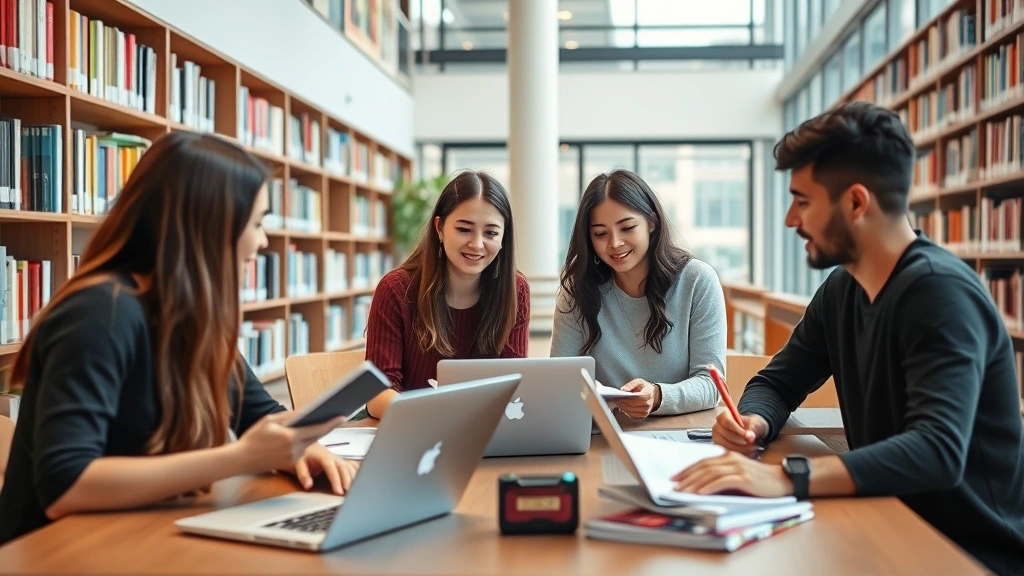 Students collaborating in a modern university library study area with laptops and textbooks, engaged in group discussion and note-taking during active learning session
