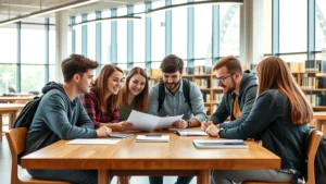 College students collaborating on group project at modern wooden study table in bright university library with large windows and natural lighting