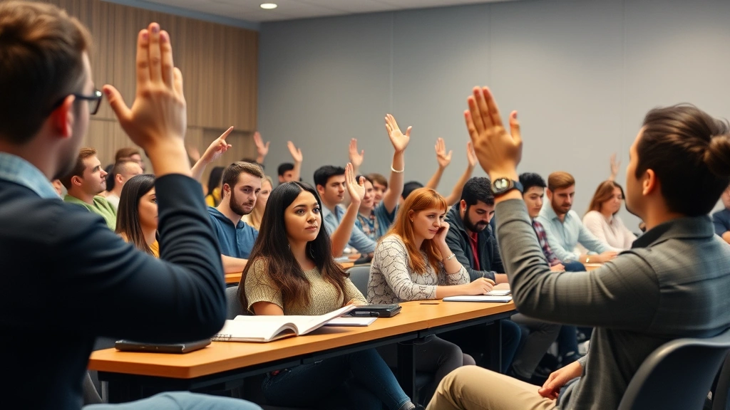 Diverse group of students sitting in a lecture hall classroom, taking notes and raising hands to participate in discussion with professor at front