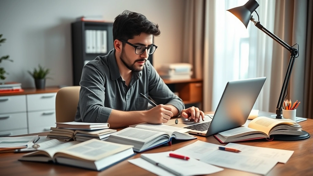 Adult learner in professional home office setting studying on laptop with textbooks and notes spread on desk, warm lighting from desk lamp