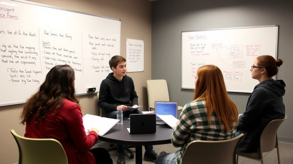 Students working together at a university tutoring center or study space, reviewing course materials and explaining concepts to each other with whiteboards showing diagrams