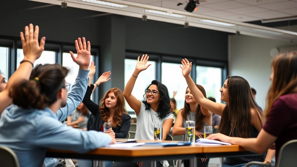 College students engaged in an active classroom discussion with raised hands and diverse faces showing engagement, natural lighting from large windows, collaborative learning environment
