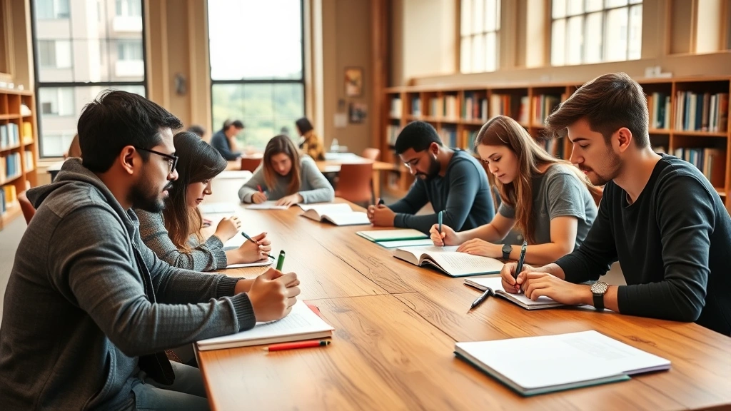 Diverse students studying together at wooden library tables, actively discussing course materials and notes, warm natural lighting from large windows, collaborative learning environment, university setting