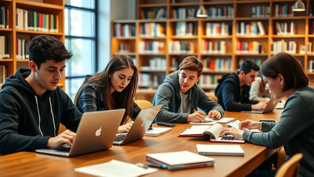 Young university students studying together at library tables with laptops and notes, focused concentration, warm academic atmosphere with bookshelves in background