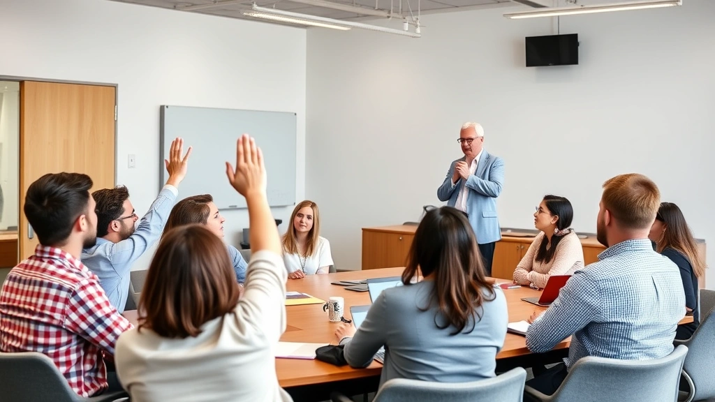 Professor leading engaged discussion in modern classroom with students raising hands and participating, diverse student group, interactive teaching moment, bright classroom with comfortable seating