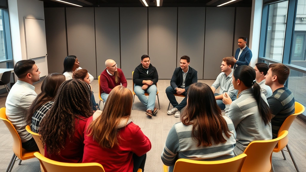 Diverse group of students in a seminar classroom sitting in a circle for discussion-based learning, attentive expressions, professor facilitating conversation, modern educational space