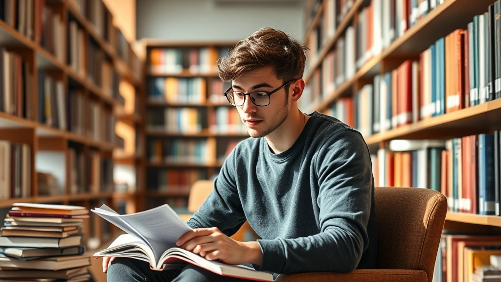 Student sitting in university library reading academic materials and taking notes, focused expression, surrounded by books and academic resources, natural daylight, thoughtful study moment