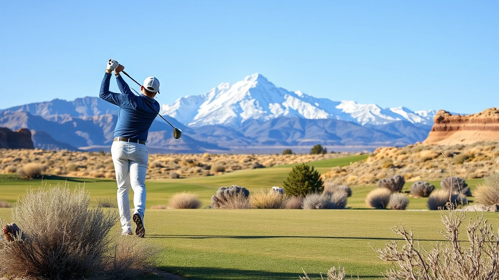 Professional golfer mid-swing on Utah fairway with snow-capped mountain range in distant background, desert vegetation framing course, clear blue sky, natural lighting