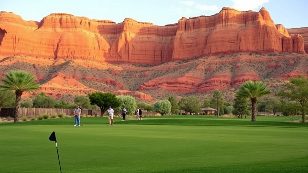 Utah golf course hole with dramatic red rock canyon formations visible behind fairway, green grass contrasting with rust-colored landscape, golfers in background on putting green