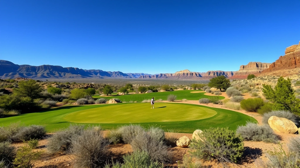 Scenic overhead view of a well-maintained golf green surrounded by Utah desert vegetation with distant mountains, clear blue sky, course design perspective, natural terrain integration