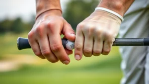 Close-up of hands demonstrating proper overlapping golf grip on club, showing finger positioning and alignment, outdoor golf course background blurred