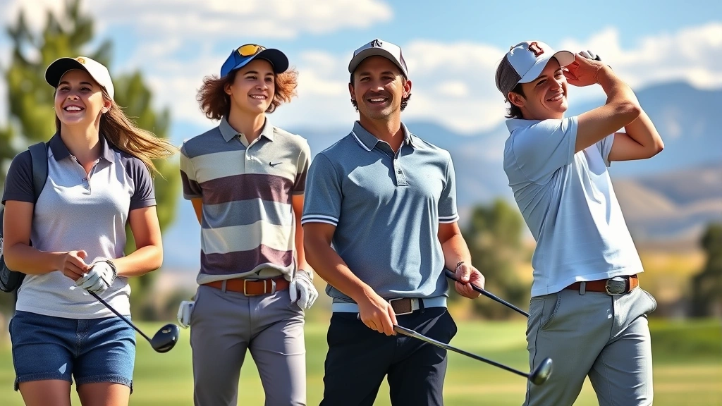 Young golfers of diverse backgrounds practicing on a sunny Colorado Springs golf course, smiling while holding clubs, with mountains visible in the distance, natural lighting, action shot of mid-swing