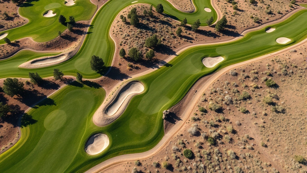 Aerial view of Valley Hi Golf Course showing manicured fairways, sand bunkers, and native Colorado vegetation, demonstrating environmental stewardship and course design, clear sunny day
