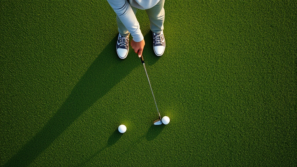 Overhead view of golfer executing putting stroke on green, showing proper alignment and pendulum motion, early morning light with dew on grass