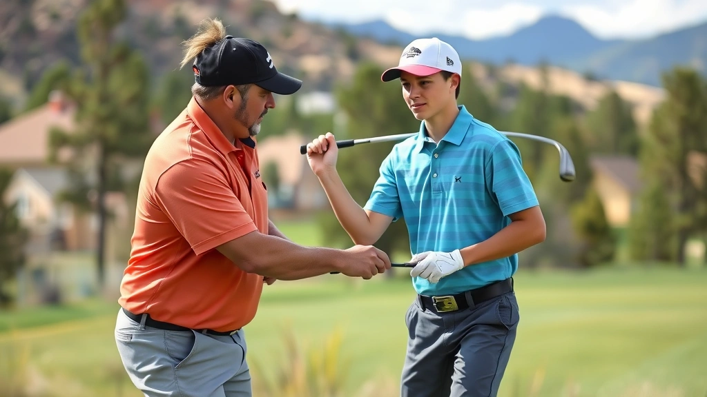 Instructor helping teenage student with golf swing technique, demonstrating proper form with club and posture, Colorado Springs landscape background, positive mentoring moment