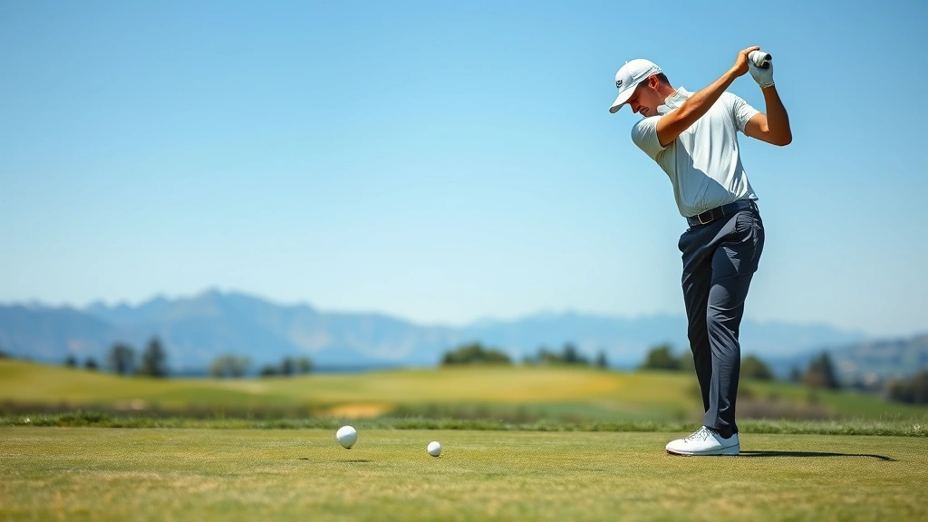 Professional golfer executing precise iron shot on manicured fairway with clear blue sky and distant mountains visible, showing proper golf swing form and confidence