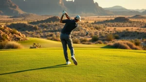 Professional golfer executing precise tee shot on elevated fairway with desert landscape backdrop, morning sunlight casting shadows, vibrant green grass contrast