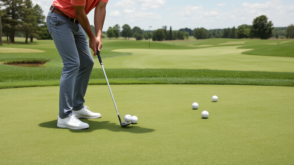 Golfer practicing approach shots on practice green with golf balls scattered, demonstrating short-game skill development and deliberate practice technique