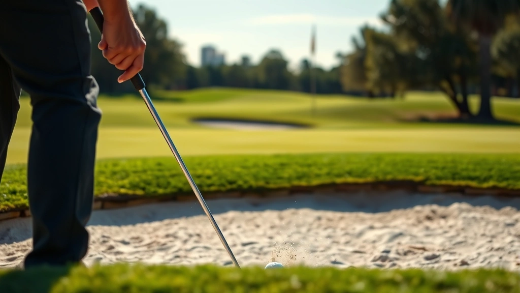 Golfer chipping from bunker with focused expression, sand detail visible, manicured green and flagstick in background, natural southwestern lighting