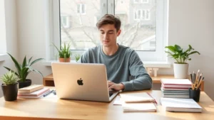 Student sitting at organized desk with laptop and notebooks, natural daylight streaming through window, peaceful focused expression, minimalist study space with plants