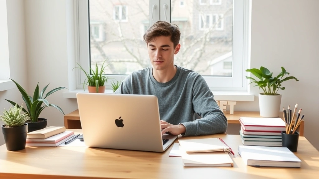 Student sitting at organized desk with laptop and notebooks, natural daylight streaming through window, peaceful focused expression, minimalist study space with plants