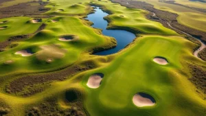 Aerial view of lush green golf course with rolling fairways, sand bunkers, and water hazards throughout the landscape under bright daylight, showcasing championship-quality turf maintenance and natural topography