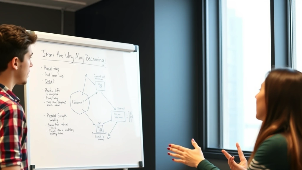 Young person teaching concept to friend using whiteboard with diagrams, both engaged in discussion, explaining material with hand gestures, collaborative learning environment