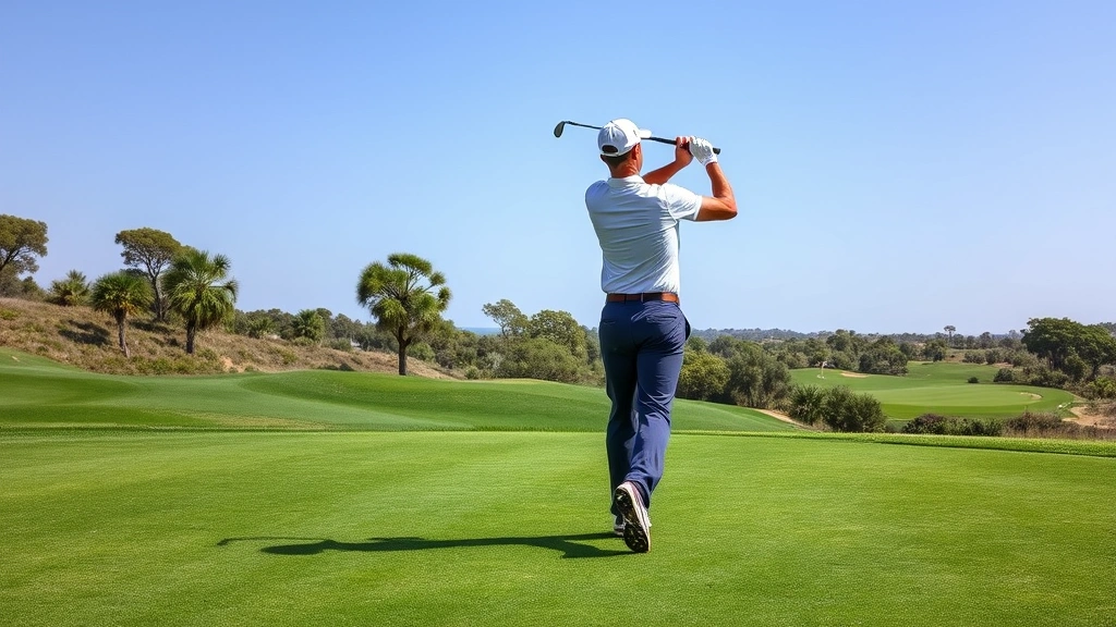 Professional golfer mid-swing on manicured fairway with perfectly maintained greens visible in distance, surrounded by natural vegetation and strategic course design elements