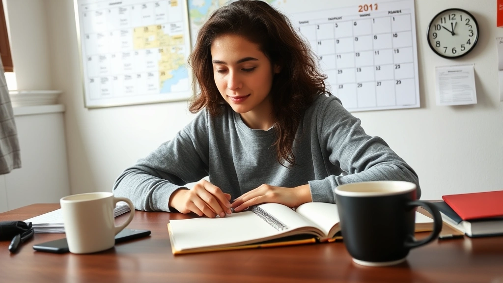 Student using Pomodoro timer on desk, notepad with study schedule, coffee cup nearby, clock showing time management, organized workspace with calendar on wall