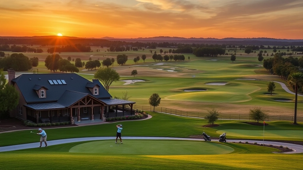Clubhouse and practice facilities at sunset with golfers using driving range and chipping areas, showing premium golf club amenities and well-maintained practice grounds with peaceful evening light