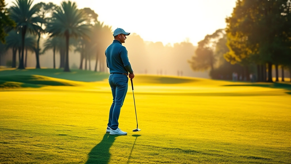 Professional golfer in proper attire standing on manicured fairway with perfect posture and focus, morning sunlight on green grass, no people in background