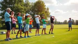 Diverse group of students and young adults practicing golf swings on a beautiful sunny day at a well-maintained golf course, instructor providing feedback, natural professional development atmosphere