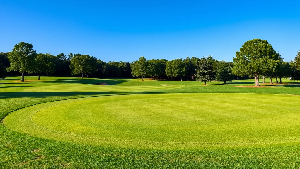 Golf course landscape showing well-maintained fairway with manicured edges, trees lining the hole, blue sky, peaceful serene environment, no golfers visible