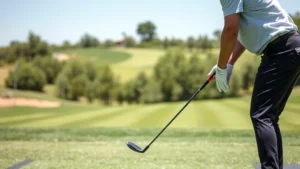 Golfer demonstrating proper grip and stance position on practice range with golf club, focused body alignment, natural daylight