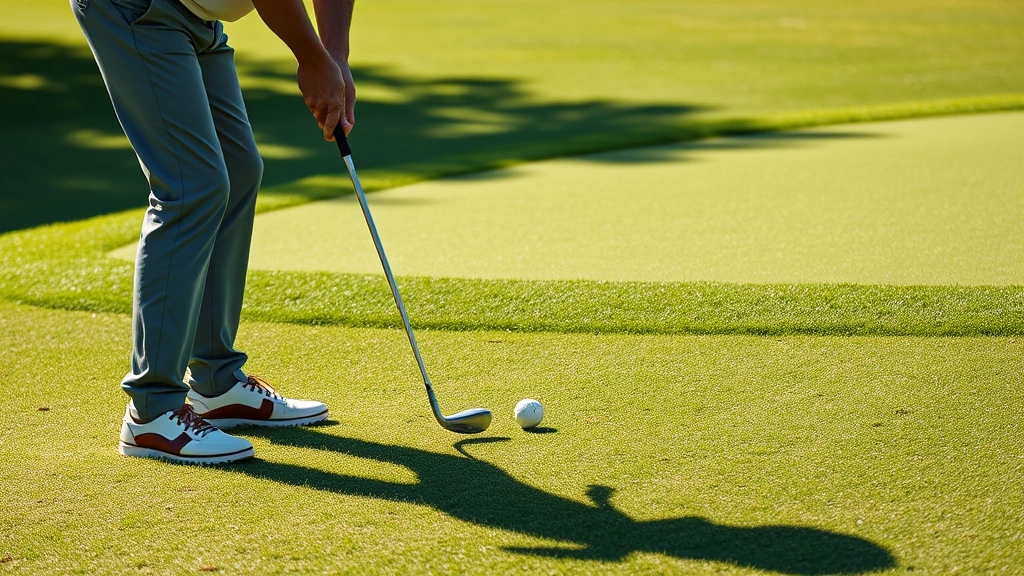Golfer executing chip shot from rough grass near putting green with wedge, concentration on technique, professional golf course setting